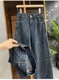 Wenkouban-y2k outfits Valentine's Day gift Retro Leopard Print Denim Pants for Women American Style High Waist Wide Leg Pants Female Leopard Blue Jeans Streetwear