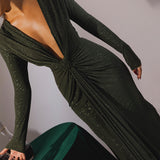 Wenkouban Autumn Maxi Evening Dress Sexy Green Plung V Neck Dress Long Sleeve Glitter Ruched Wedding Guest Party Dresses Women-nye outfits