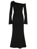 Wenkouban-nye outfits Asymmetrical Neck Solid Color Bell Sleeve Maxi Dress 2025 fashion trends y2k style party club outfits