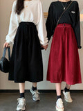 Wenkouban-swaggy outfits back to school outfits Qiukichonson Midi Long Skirt Womens Corduroy Skirt Autumn Winter Goth Casual High Waisted Pockets Design Pleated Suit Skirts