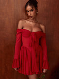 Wenkouban Elegant Strapless Backless Sexy Mini Dress For Women Red Off-shoulder Long Flare Sleeve Pleated Club Party Dress 2024-Christmas Outfit