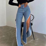 Wenkouban-spring outfits Double side high slit denim trousers 2025 spring and summer street trendy sexy open leg pants female y2k jeans