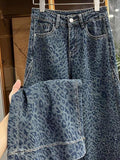 Wenkouban-y2k outfits Valentine's Day gift Retro Leopard Print Denim Pants for Women American Style High Waist Wide Leg Pants Female Leopard Blue Jeans Streetwear