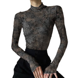 Wenkouban-y2k outfits retro design Women's Lace Mesh Crop Tops Long Sleeve Floral Sheer Blouse Sexy Shirt High Neck See-Through Slim Fit Tee Shirts Clubwear