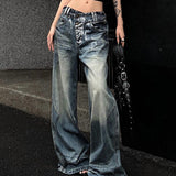 Wenkouban-American Retro Hottie Distressed Wash Jeans Y2K Streetwear Hip Hop Loose Casual Harajuku Fashion Street Straight Wide Leg Jeans