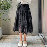 Wenkouban-swaggy outfits back to school outfits Spring Summer Vestido Floral Embroidery Lace Skirt Women Korean Fashion Cute Fairy High Waist A-Line Midi Long Skirts Ladies