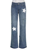 Wenkouban Vintage Y2k Women Cargo Jeans Low Waist 2000s Star Aesthetic Denim Trousers Grunge Streetwear Gyaru Harajuku Retro Jeans