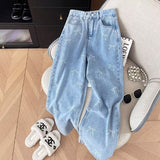 Wenkouban-y2k outfits Valentine's Day gift Fashion Bow Print Wide Leg Denim Pants for Women Spring Autumn High Waist Straight Loose Jeans Female Streetwear Full Trousers