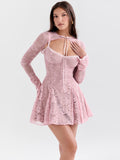 Wenkouban Lace Flare Long Sleeve Sexy Mini Dress For Women Robe Autumn New Pink O Neck A-line High Waist Pleated Dress Elegant-Christmas Outfit