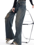 Wenkouban-Vintage Gewaschene Baggy Boyfriend Jeans mit Schnalle und Gerippten Details- Streetwear y2k outfits Fall Outfits Christmas Thanksgiving Gift New Year's Eve