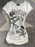 Wenkouban-American Punk Skull Letter Print T-Shirt Women Y2K Millennium Street Hottie Leopard Flocking Sexy Slim Harajuku Casual Top