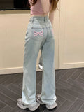 Wenkouban Sweet Blue Jeans for Women Bow Embroidery Straight Denim Trousers Y2k Vintage Korean Style Baggy High Waist Jeans Casual