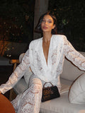 Wenkouban White Lace Two Piece Sets Women Deep V Neck Long Sleeve Tops And Long Pants Ladies See Through Loose Trousers Sets-Christmas Outfit