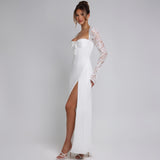 White Lace Hollow Out Pleated Evening Party Dress Women Backless Robes Elegant Sexy Dress Bodycon Long Autumn Dress Vestidos