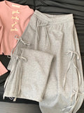 Wenkouban-y2k outfits Valentine's Day gift Korean Style Grey Sweatpants Women Spring Vintage Bow Lace-up Straight Wide Leg Pants Fashion Trend Loose Long Pants