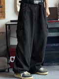 Wenkouban Black hip hop jeans with cargo pockets and straight leg