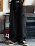 Wenkouban Black hip hop jeans with cargo pockets and straight leg