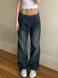 Wenkouban Vintage dark blue boyfriend jeans with washed effect