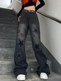 Wenkouban Dark Y2K Star Patch Baggy Boyfriend Jeans