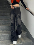 Wenkouban Dark Y2K Star Patch Baggy Boyfriend Jeans