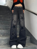 Wenkouban Dark Y2K Star Patch Baggy Boyfriend Jeans