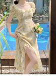 Wenkouban-2025 dress to impress party dress nye outfits Beach vacation yellow floral puff sleeve dress for women summer  YM1132