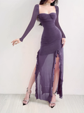 Wenkouban-2025 dress to impress party dress nye outfits Fashion Purple Dress Mesh Ruffled Long Sleeves Dress YM972