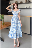 Wenkouban-2025 dress to impress party dress nye outfits Women's summer blue oil painting floral dress YM1159