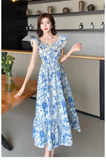 Wenkouban-2025 dress to impress party dress nye outfits Women's summer blue oil painting floral dress YM1159