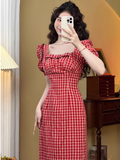 Wenkouban-2025 dress to impress party dress nye outfits Retro Square Neck Puff Sleeve Dress YM1540