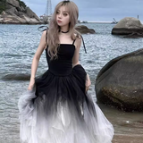 Wenkouban-2025 dress to impress party dress nye outfits Retro Black Gradient Puffy Suspender Dress YM1499