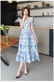 Wenkouban-2025 dress to impress party dress nye outfits Women's summer blue oil painting floral dress YM1159