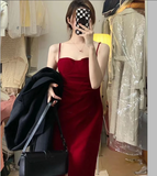 Wenkouban-2025 dress to impress party dress nye outfits Retro high-end red velvet slit suspender dress YM876