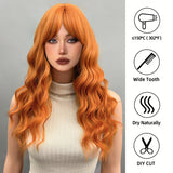 Wenkouban calico hair 22 Inch Long Curly Orange Wavy Hair Wig with Bangs-Natural Appearance Synthetic Fiber Wig orange/red