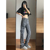 Wenkouban leapord Winter outfit Plus Size Retro Gray Straight Jeans Women's Street Style Hip Hop High Waist Tooling Wide Leg Pants