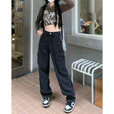 leapord Winter outfit Plus Size Retro Gray Straight Jeans Women's Street Style Hip Hop High Waist Tooling Wide Leg Pants black