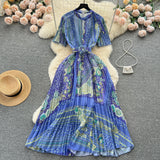 boxer costume Elegant Hollow round Neck Bow Print Dress Waist-Tight Elegant Chiffon Pleated Skirt