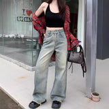 2024 Retro Blue Washed Loose Straight Jeans Women's Autumn Pants