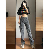 Wenkouban leapord Winter outfit Plus Size Retro Gray Straight Jeans Women's Street Style Hip Hop High Waist Tooling Wide Leg Pants