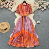 boxer costume Elegant Hollow round Neck Bow Print Dress Waist-Tight Elegant Chiffon Pleated Skirt