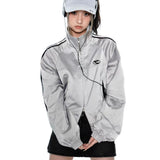 korean fashion American Retro Hot Girl Top Niche Design Double Zipper Casual Sports Jacket Silver Gray Short Coat for Women