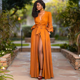 2024 fall fashion trends Women's Deep V Long Sleeve Waist Solid Color Cardigan Dress Long Dress