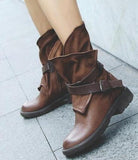 fall boots Autumn and Winter New round Toe Pu Ankle Buckle Low Square Heel Women's 