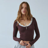 hipster Women's Autumn Solid Color Square Collar Lace Stitching Lace T-shirt Top for Women