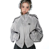 korean fashion American Retro Hot Girl Top Niche Design Double Zipper Casual Sports Jacket Silver Gray Short Coat for Women