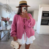 Black Friday Christmas Thanksgiving round Neck Lace-up Knitted Cardigan Coat 2024 Autumn and Winter New Pure Color Commuter Simple Sweater for Women