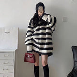 Wenkouban fall outfits 2024 Korean Style Contrast Color Striped Sweater Autumn and Winter Mid-Length Korean Style Lazy Style Loose Slimming V-neck Thickened Sweater for Women