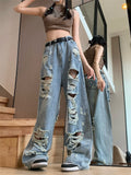 Wenkouban Blue Punk Frayed Detail Jeans with Ripped