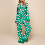 christmas pajamas aesthetic Winter outfits  Cyber Monday 2024 new year Women's Christmas Satin Print Casual Long-Sleeved Trousers Pajamas Suit Women