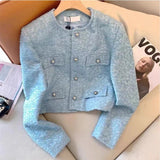 Wenkouban Women's Autumn Outfit French Style Coat for Women Pocket Tweed jacket Blue